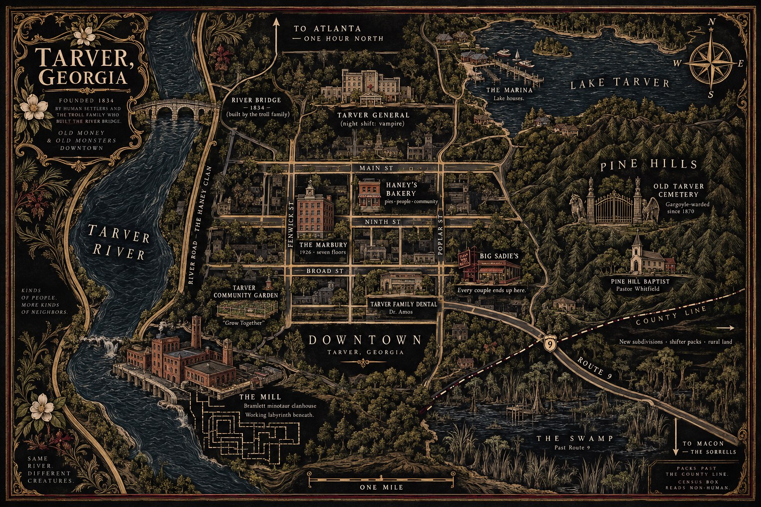 Illustrated map of Tarver, Georgia: the Tarver River and the 1834 troll bridge on the west, downtown with Main, Broad, Ninth, Fenwick and Poplar streets, the Marbury, Haney&rsquo;s Bakery, the Tarver Community Garden, Big Sadie&rsquo;s, Tarver Family Dental and Tarver General, the Mill and its labyrinth by the river, Old Tarver Cemetery and Pine Hill Baptist in the pine hills, Lake Tarver and the marina, and the swamp past Route 9.
